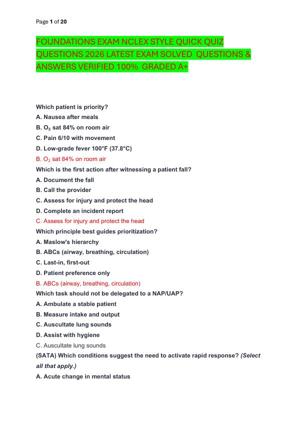 FOUNDATIONS EXAM NCLEX STYLE QUICK QUIZ QUESTIONS 2026 LATEST EXAM SOLVED  QUESTIONS & ANSWERS VERIFIED 100%  GRADED A+