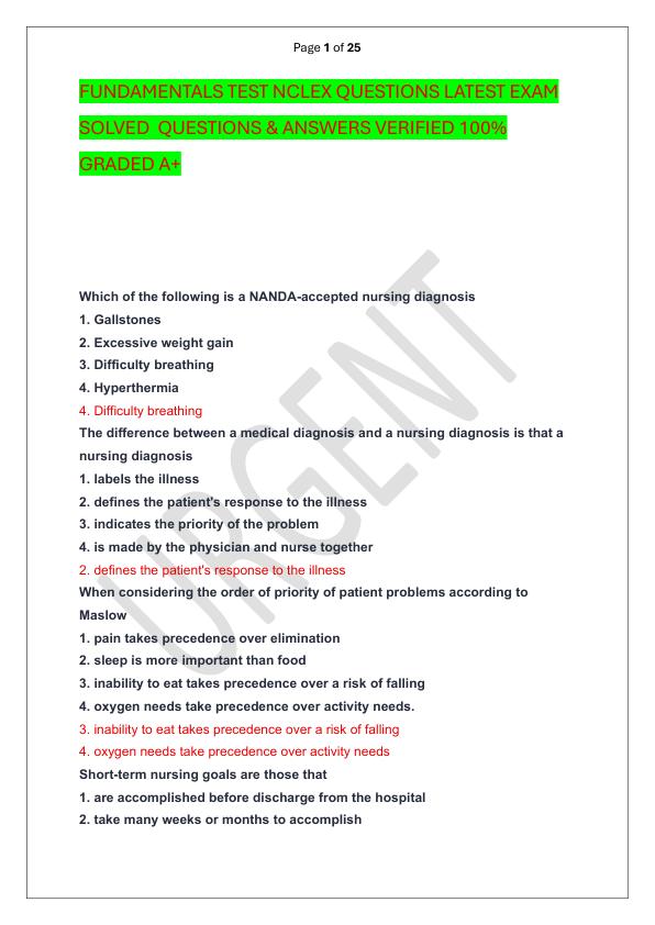 FUNDAMENTALS TEST NCLEX QUESTIONS LATEST EXAM SOLVED  QUESTIONS & ANSWERS VERIFIED 100%  GRADED A+