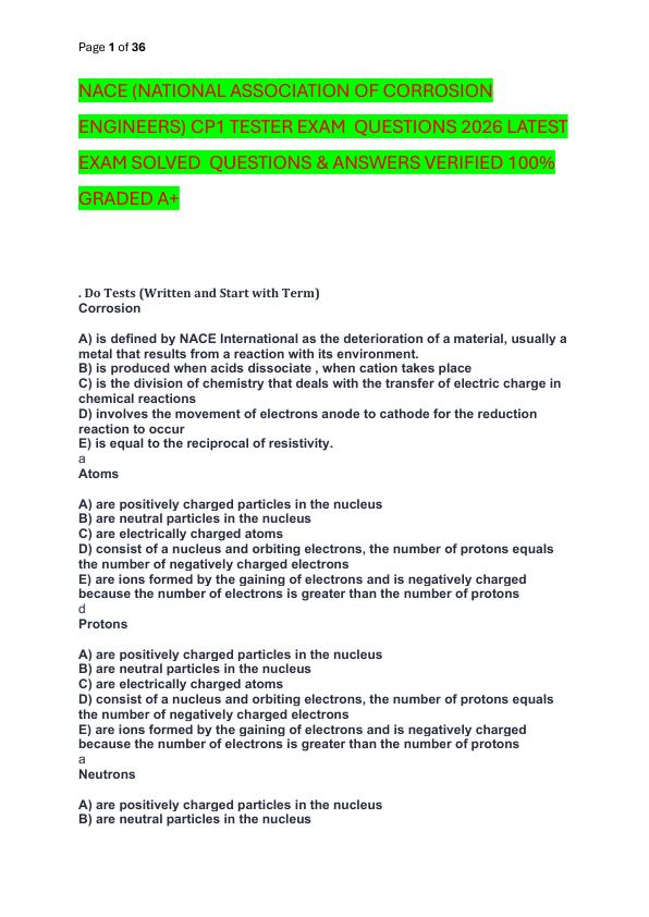 NACE (NATIONAL ASSOCIATION OF CORROSION ENGINEERS) CP1 TESTER EXAM  QUESTIONS 2026 LATEST EXAM SOLVED  QUESTIONS & ANSWERS VERIFIED 100%  GRADED A+