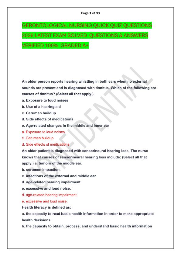 GERONTOLOGICAL NURSING QUICK QUIZ QUESTIONS 2026 LATEST EXAM SOLVED  QUESTIONS & ANSWERS VERIFIED 100%  GRADED A+