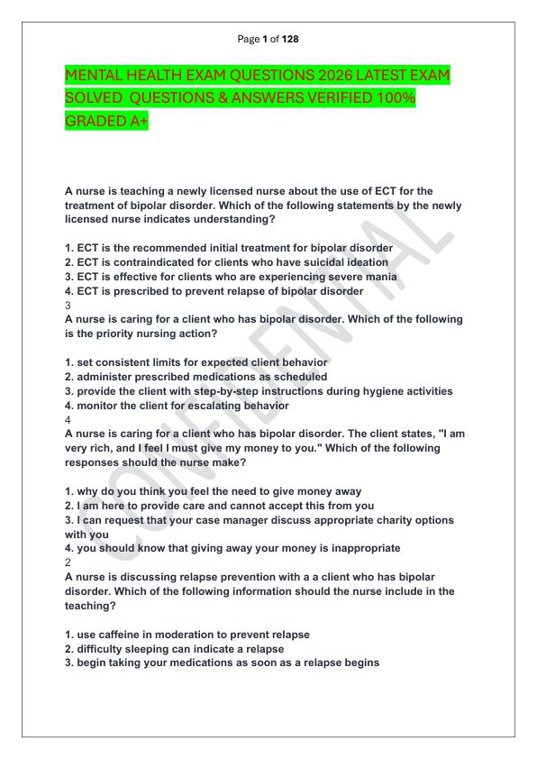 MENTAL HEALTH EXAM QUESTIONS 2026 LATEST EXAM SOLVED  QUESTIONS & ANSWERS VERIFIED 100%  GRADED A+