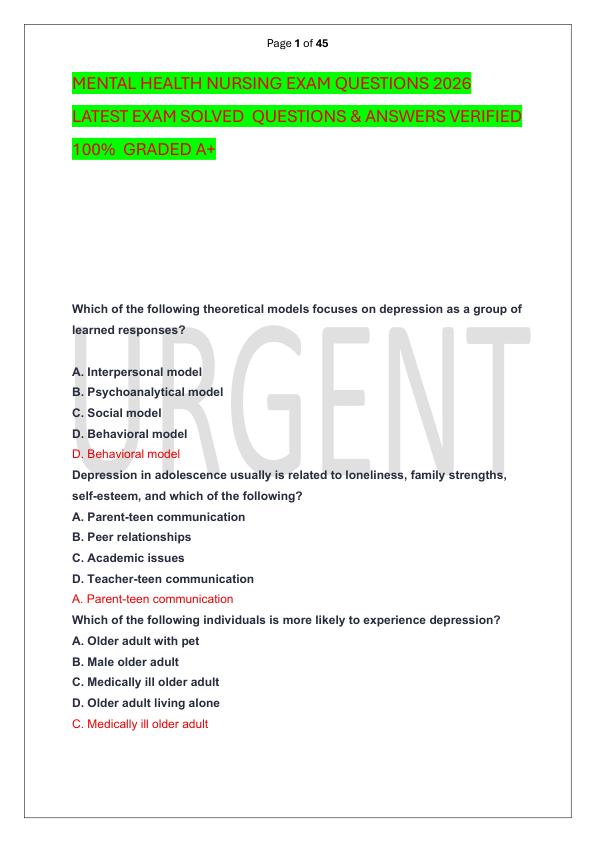 MENTAL HEALTH NURSING EXAM QUESTIONS 2026 LATEST EXAM SOLVED  QUESTIONS & ANSWERS VERIFIED 100%  GRADED A+