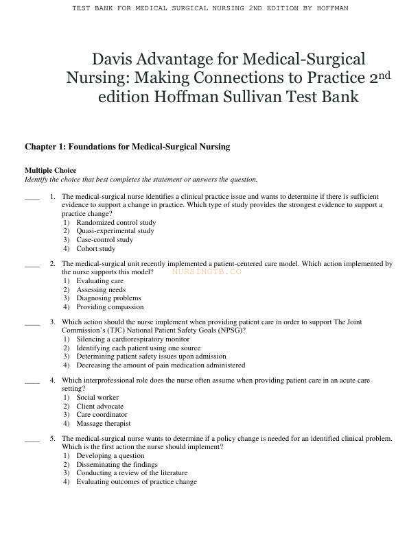 Latest 2023 Davis Advantage for Medical-Surgical Nursing 2nd Edition by Janice Test bank  All Chapters