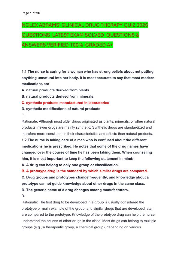 NCLEX ABRAMS' CLINICAL DRUG THERAPY QUIZ 2026 QUESTIONS  LATEST EXAM SOLVED  QUESTIONS & ANSWERS VERIFIED 100%  GRADED A+