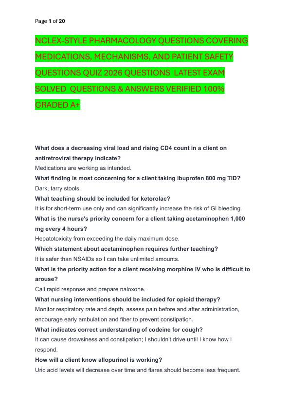 NCLEX-STYLE PHARMACOLOGY QUESTIONS COVERING MEDICATIONS, MECHANISMS, AND PATIENT SAFETY QUESTIONS QUIZ 2026 QUESTIONS  LATEST EXAM SOLVED  QUESTIONS & ANSWERS VERIFIED 100%  GRADED A+