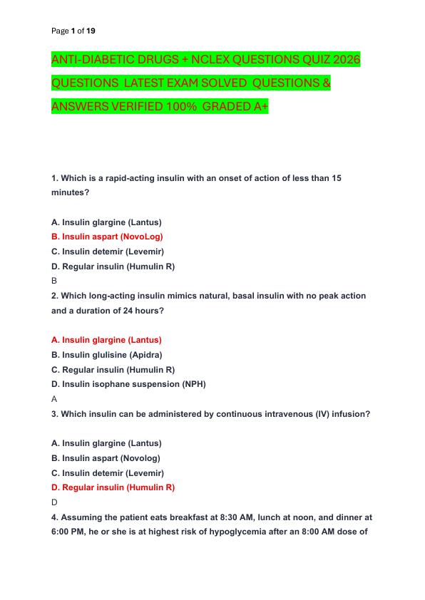 ANTI-DIABETIC DRUGS + NCLEX QUESTIONS QUIZ 2026 QUESTIONS  LATEST EXAM SOLVED  QUESTIONS & ANSWERS VERIFIED 100%  GRADED A+