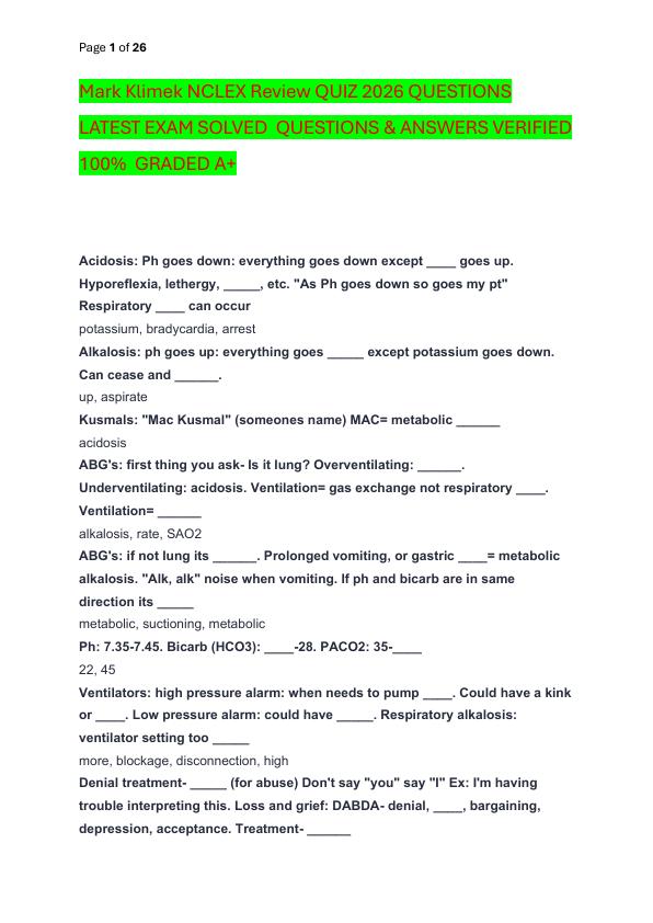 Mark Klimek NCLEX Review QUIZ 2026 QUESTIONS  LATEST EXAM SOLVED  QUESTIONS & ANSWERS VERIFIED 100%  GRADED A+
