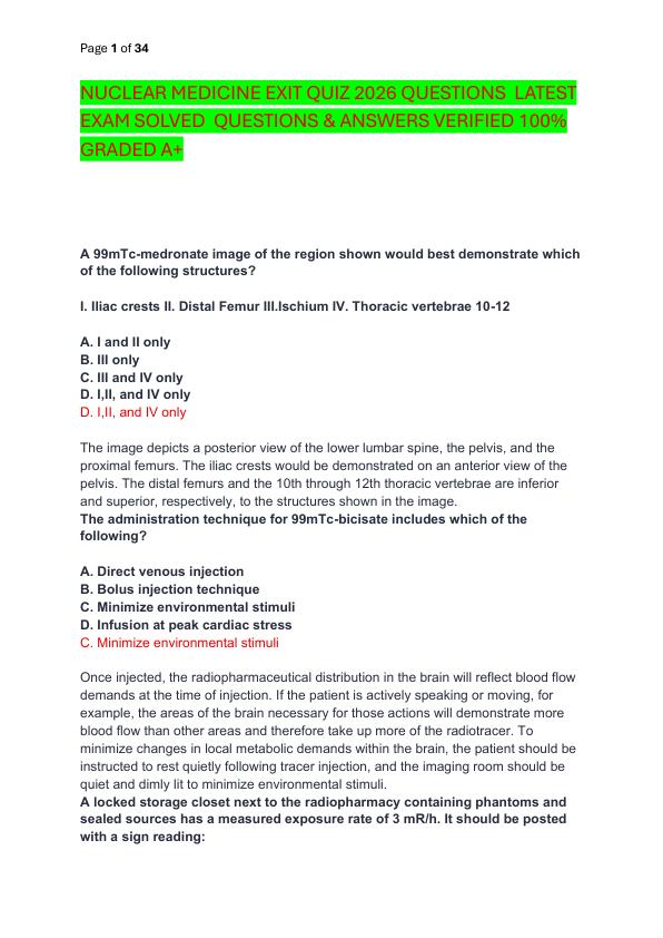 NUCLEAR MEDICINE EXIT QUIZ 2026 QUESTIONS  LATEST EXAM SOLVED  QUESTIONS & ANSWERS VERIFIED 100%  GRADED A+