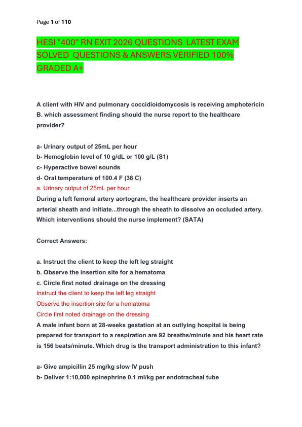 HESI 400 RN EXIT 2026 QUESTIONS  LATEST EXAM SOLVED  QUESTIONS & ANSWERS VERIFIED 100%  GRADED A+