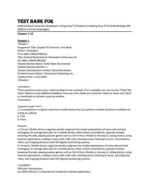 Test Bank For Android Boot Camp for Developers Using Java® A Guide to Creating Your First Android Apps 4th Edition by Corinne Hoisington Chapter 1-12