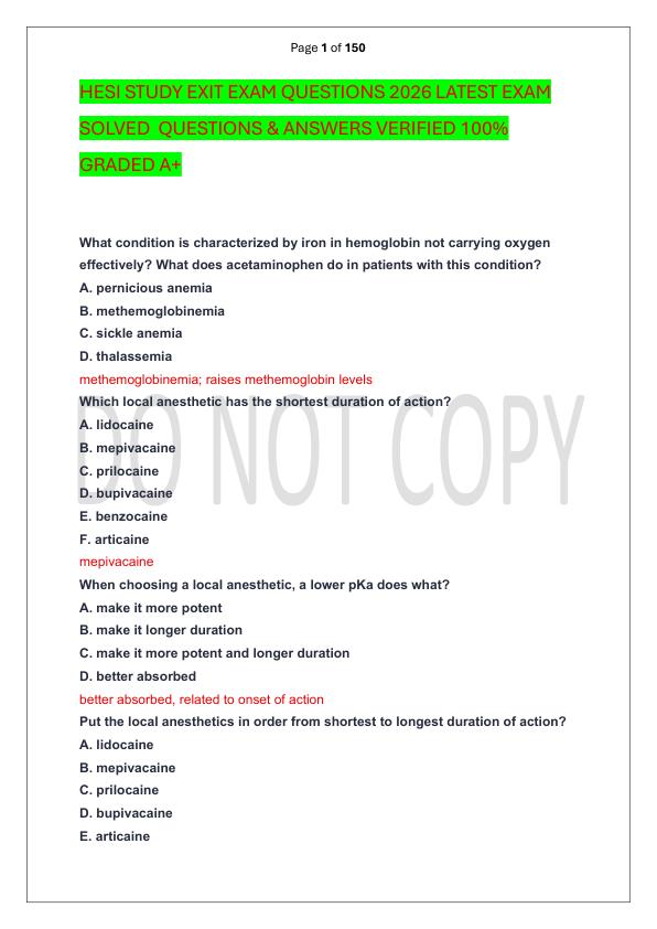 HESI STUDY EXIT EXAM QUESTIONS 2026 LATEST EXAM SOLVED  QUESTIONS & ANSWERS VERIFIED 100%  GRADED A+