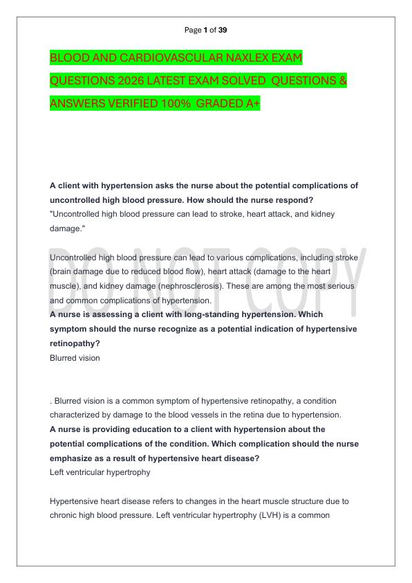 BLOOD AND CARDIOVASCULAR NAXLEX EXAM QUESTIONS 2026 LATEST EXAM SOLVED  QUESTIONS & ANSWERS VERIFIED 100%  GRADED A+