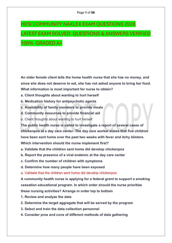 HESI COMMUNITY NAXLEX EXAM QUESTIONS 2026 LATEST EXAM SOLVED  QUESTIONS & ANSWERS VERIFIED 100%  GRADED A+