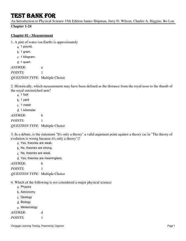 Test Bank For An Introduction to Physical Science 15th Edition by James Shipman, Jerry D. Wilson, Charles A. Higgins, Bo Lou Chapter 1-24