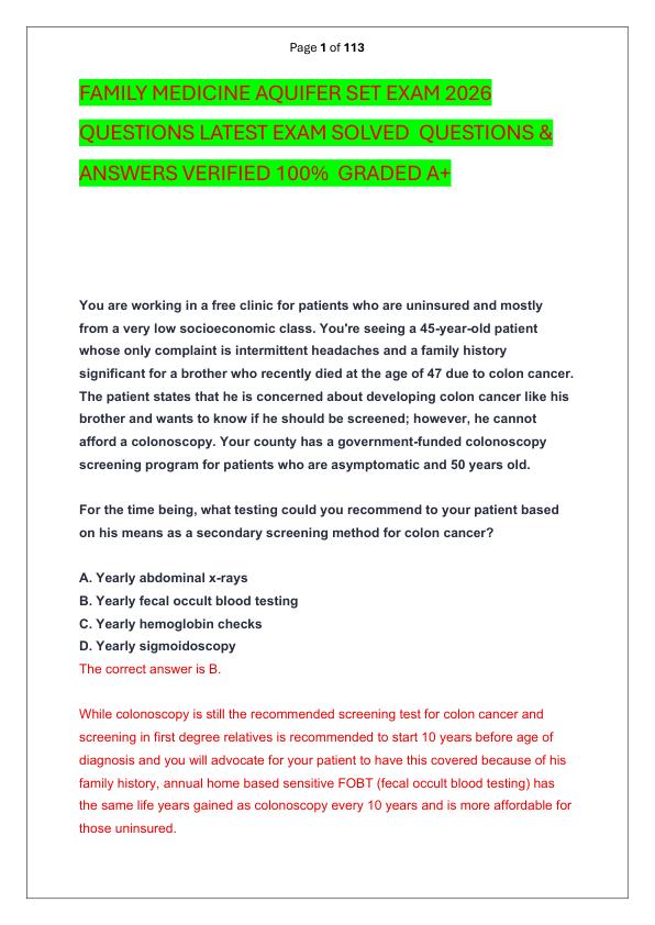 mobile-preview-FAMILY MEDICINE AQUIFER SET EXAM 2026 QUESTIONS LATEST EXAM SOLVED  QUESTIONS & ANSWERS VERIFIED 100%  GRADED A+ 