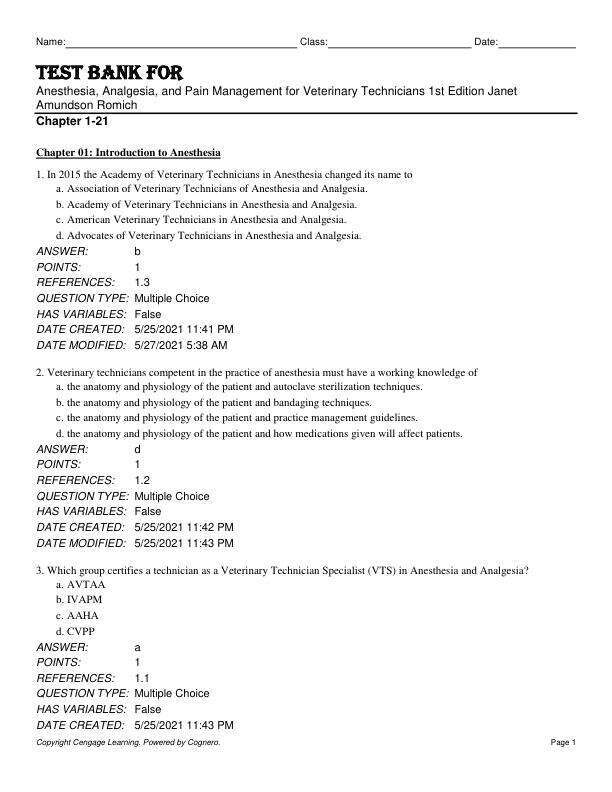 Test Bank For Anesthesia, Analgesia, and Pain Management for Veterinary Technicians 1st Edition by Janet Amundson Romich Chapter 1-21