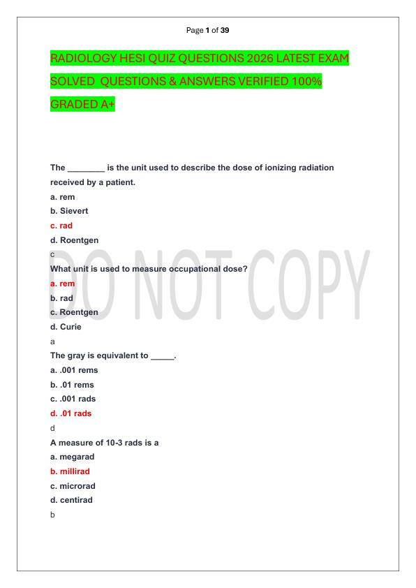 RADIOLOGY HESI QUIZ QUESTIONS 2026 LATEST EXAM SOLVED  QUESTIONS & ANSWERS VERIFIED 100%  GRADED A+