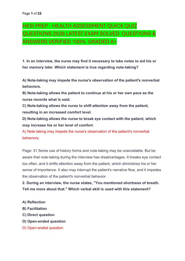 HESI PREP - HEALTH ASSESSMENT QUICK QUIZ QUESTIONS 2026 LATEST EXAM SOLVED  QUESTIONS & ANSWERS VERIFIED 100%  GRADED A+