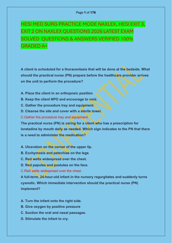 HESI MED SURG PRACTICE MODE NAXLEX, HESI EXIT 3, EXIT 2 ON NAXLEX QUESTIONS 2026 LATEST EXAM SOLVED  QUESTIONS & ANSWERS VERIFIED 100%  GRADED A+