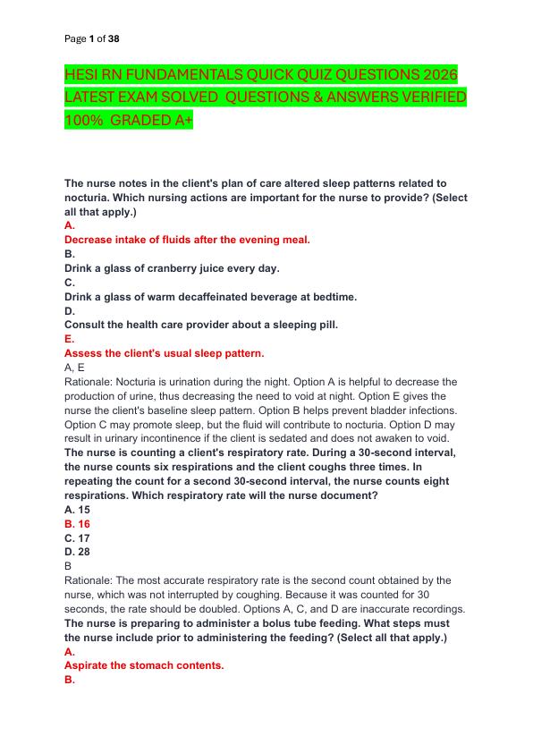 HESI RN FUNDAMENTALS QUICK QUIZ QUESTIONS 2026 LATEST EXAM SOLVED  QUESTIONS & ANSWERS VERIFIED 100%  GRADED A+