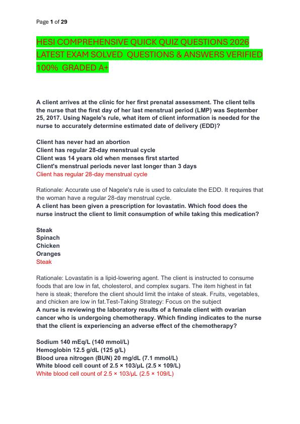 HESI COMPREHENSIVE QUICK QUIZ QUESTIONS 2026 LATEST EXAM SOLVED  QUESTIONS & ANSWERS VERIFIED 100%  GRADED A+