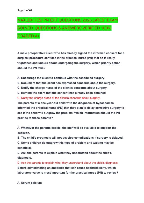 NAXLEX HESI PN EXIT QUESTIONS 2026 LATEST EXAM SOLVED  QUESTIONS & ANSWERS VERIFIED 100%  GRADED A+