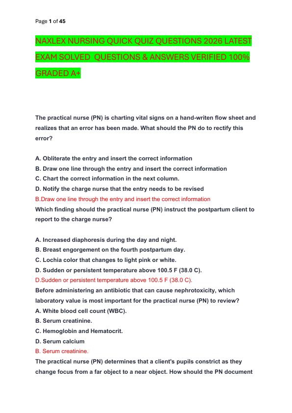 NAXLEX NURSING QUICK QUIZ QUESTIONS 2026 LATEST EXAM SOLVED  QUESTIONS & ANSWERS VERIFIED 100%  GRADED A+