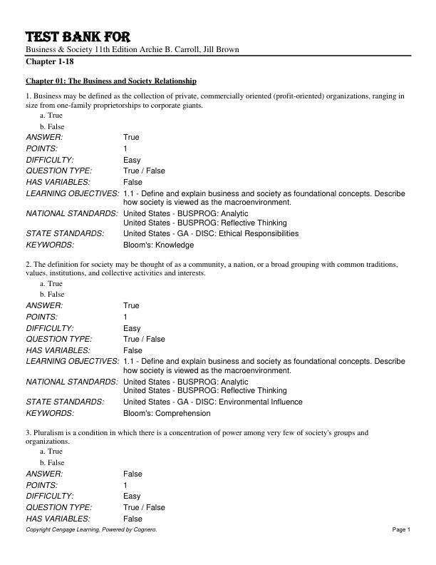 Test Bank For Business & Society 11th Edition by Archie B. Carroll, Jill Brown Chapter 1-18