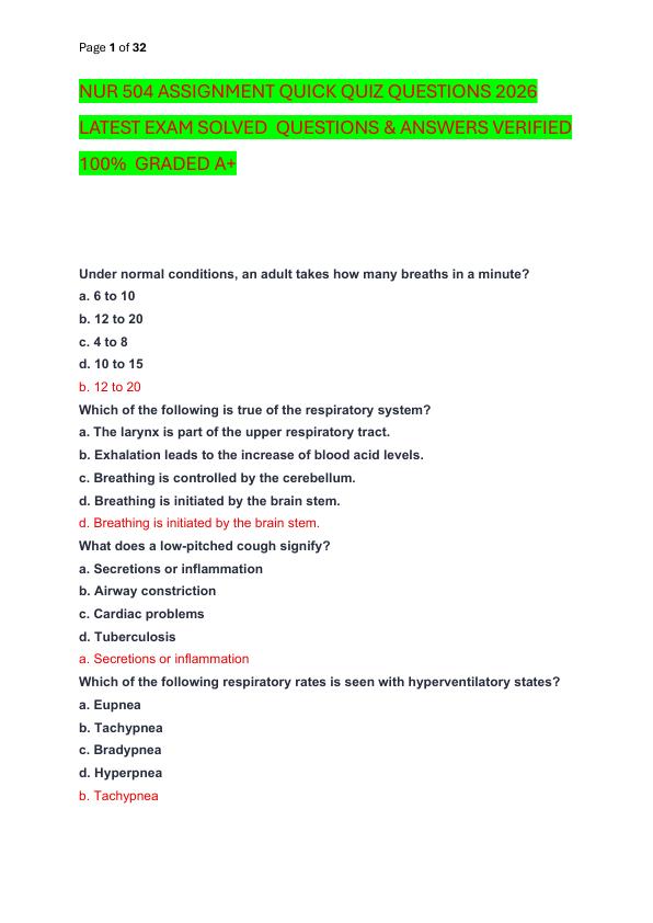 mobile-preview-NUR 504 ASSIGNMENT QUICK QUIZ QUESTIONS 2026 LATEST EXAM SOLVED  QUESTIONS & ANSWERS VERIFIED 100%  GRADED A+