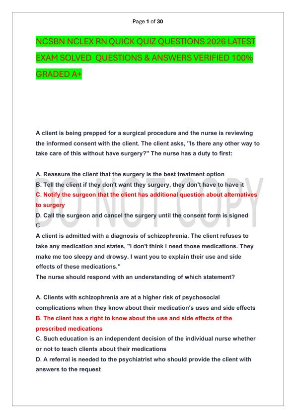 NCSBN NCLEX RN QUICK QUIZ QUESTIONS 2026 LATEST EXAM SOLVED  QUESTIONS & ANSWERS VERIFIED 100%  GRADED A+