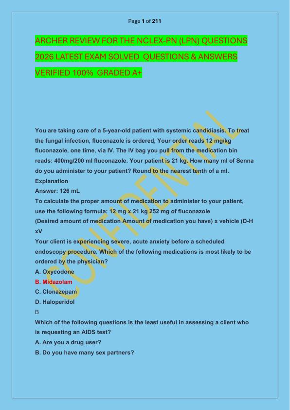 ARCHER REVIEW FOR THE NCLEX-PN (LPN) QUESTIONS 2026 LATEST EXAM SOLVED  QUESTIONS & ANSWERS VERIFIED 100%  GRADED A+