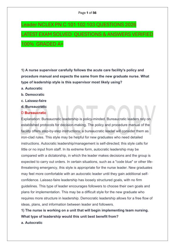 Leader NCLEX PN C 101 102 103 QUESTIONS 2026 LATEST EXAM SOLVED  QUESTIONS & ANSWERS VERIFIED 100%  GRADED A+