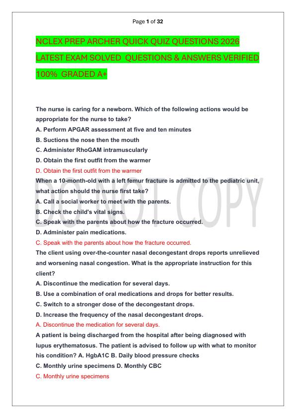 NCLEX PREP ARCHER QUICK QUIZ QUESTIONS 2026 LATEST EXAM SOLVED  QUESTIONS & ANSWERS VERIFIED 100%  GRADED A+