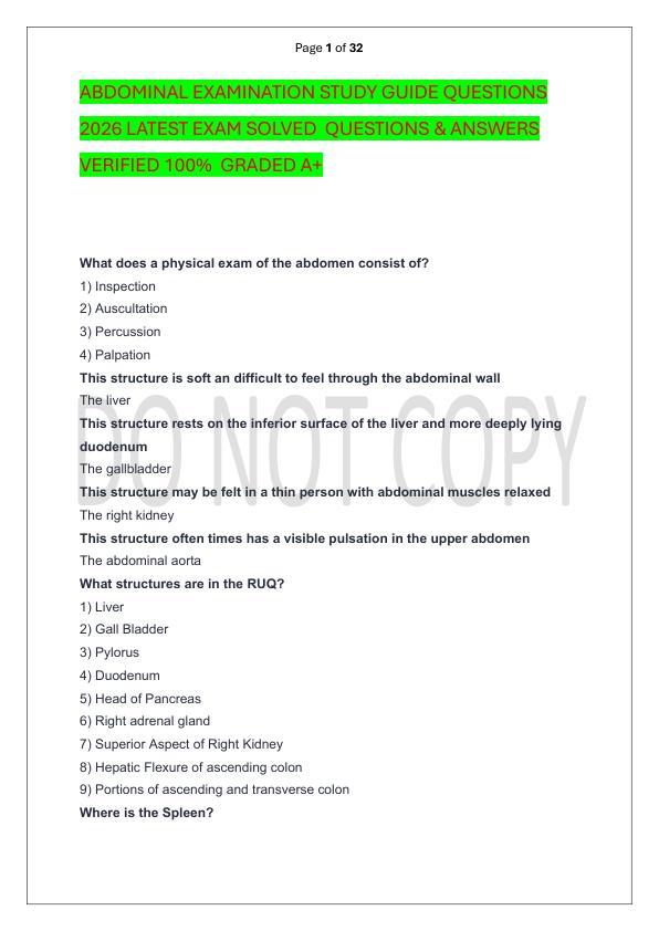 ABDOMINAL EXAMINATION STUDY GUIDE QUESTIONS 2026 LATEST EXAM SOLVED  QUESTIONS & ANSWERS VERIFIED 100%  GRADED A+