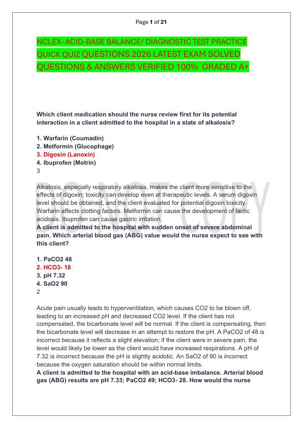 NCLEX- ACID-BASE BALANCE DIAGNOSTIC TEST PRACTICE QUICK QUIZ QUESTIONS 2026 LATEST EXAM SOLVED  QUESTIONS & ANSWERS VERIFIED 100%  GRADED A+