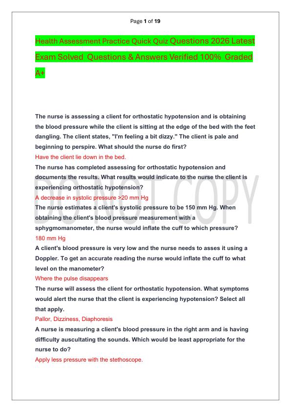 Health Assessment Practice Quick Quiz Questions 2026 Latest Exam Solved  Questions & Answers Verified 100%  Graded A+