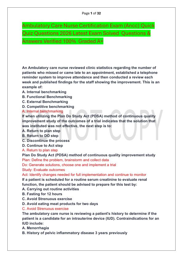 mobile-preview-Ambulatory Care Nurse Certification Exam (Ancc) Quick Quiz Questions 2026 Latest Exam Solved  Questions & Answers Verified 100%  Graded A+