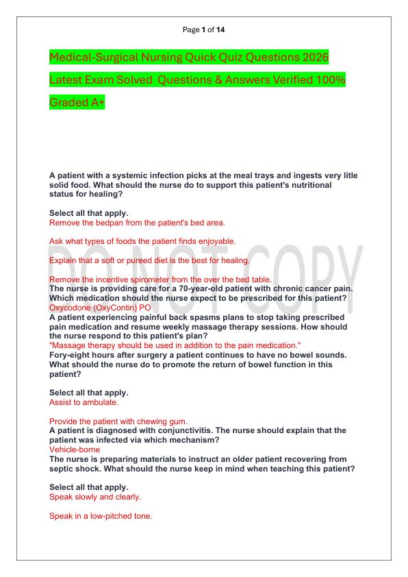 mobile-preview-Medical-Surgical Nursing Quick Quiz Questions 2026 Latest Exam Solved  Questions & Answers Verified 100%  Graded A+