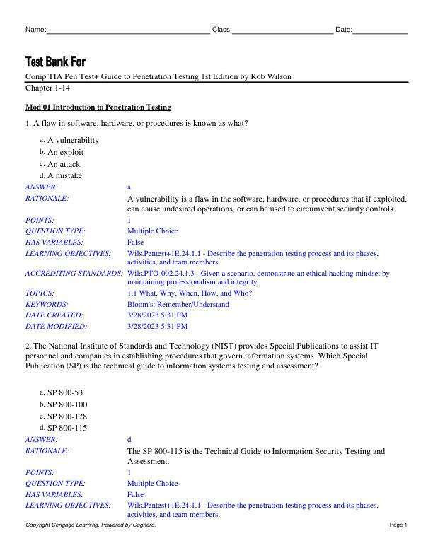 Test Bank For CompTIA PenTest+ Guide to Penetration Testing 1st Edition by Rob Wilson Chapter 1-14