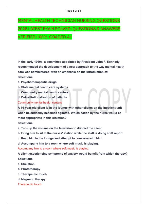MENTAL HEALTH TECHNICIAN NURSING QUESTIONS 2026 LATEST EXAM SOLVED  QUESTIONS & ANSWERS VERIFIED 100%  GRADED A+