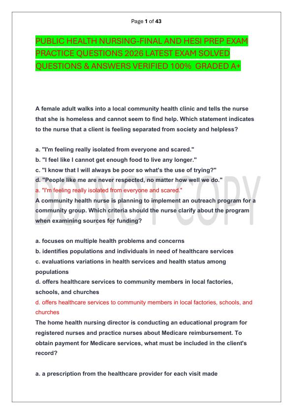 PUBLIC HEALTH NURSING-FINAL AND HESI PREP EXAM PRACTICE QUESTIONS 2026 LATEST EXAM SOLVED  QUESTIONS & ANSWERS VERIFIED 100%  GRADED A+