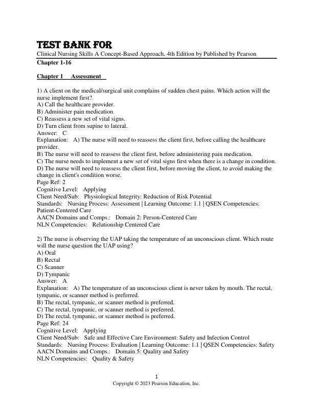 Test Bank For Clinical Nursing Skills A Concept-Based Approach, 4th Edition by Published by Pearson Chapter 1-16