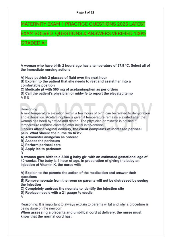 MATERNITY EXAM 1 PRACTICE QUESTIONS 2026 LATEST EXAM SOLVED  QUESTIONS & ANSWERS VERIFIED 100%  GRADED A+
