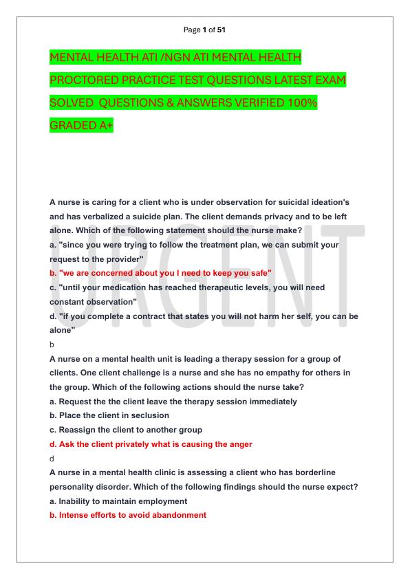 MENTAL HEALTH ATI NGN ATI MENTAL HEALTH PROCTORED PRACTICE TEST QUESTIONS LATEST EXAM SOLVED  QUESTIONS & ANSWERS VERIFIED 100%  GRADED A+