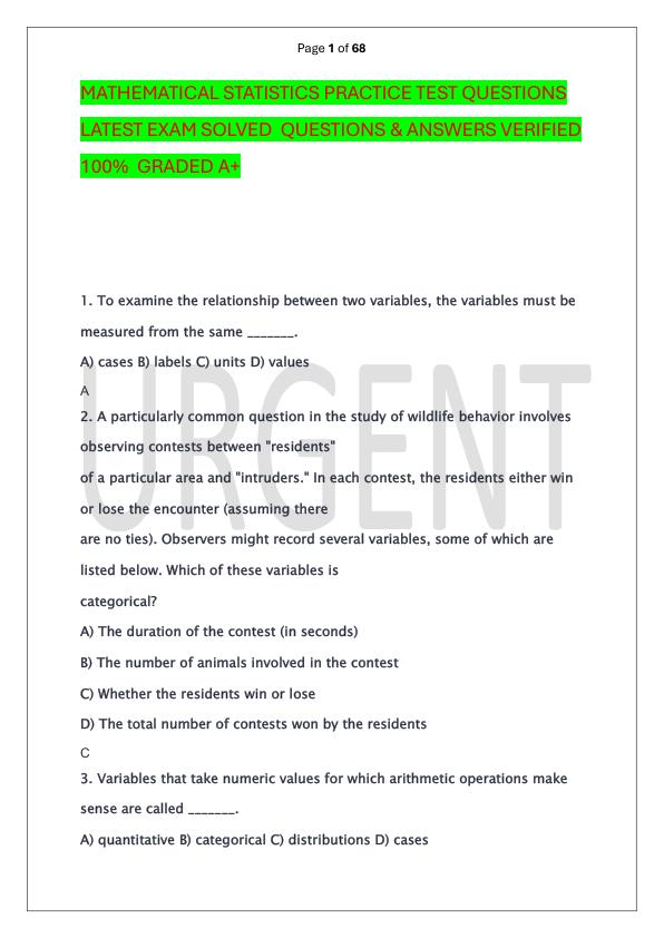 mobile-preview-MATHEMATICAL STATISTICS PRACTICE TEST QUESTIONS LATEST EXAM SOLVED  QUESTIONS & ANSWERS VERIFIED 100%  GRADED A+