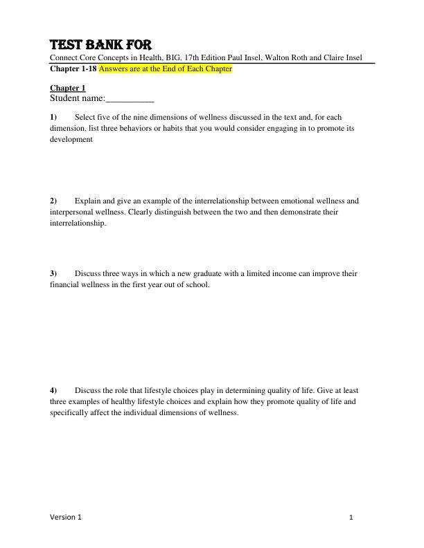 Test Bank For Connect Core Concepts in Health, BIG, 17th Edition by Paul Insel, Walton Roth and Claire Insel Chapter 1-18
