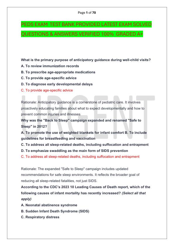 mobile-preview-PEDS EXAM  TEST BANK PROVIDED LATEST EXAM SOLVED  QUESTIONS & ANSWERS VERIFIED 100%  GRADED A+