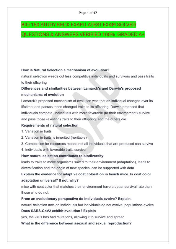 mobile-preview-BIO 150 STUDY KECK EXAM LATEST EXAM SOLVED  QUESTIONS & ANSWERS VERIFIED 100%  GRADED A+