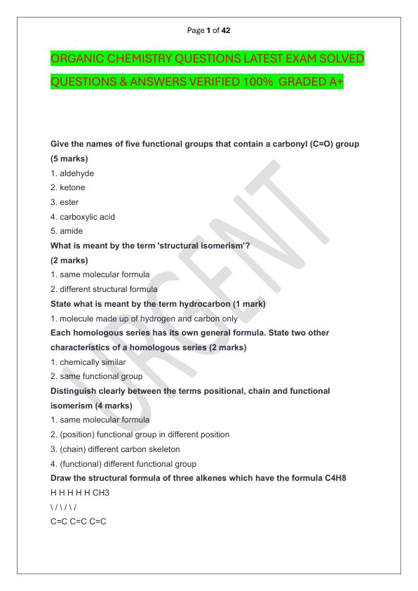 ORGANIC CHEMISTRY QUESTIONS LATEST EXAM SOLVED  QUESTIONS & ANSWERS VERIFIED 100%  GRADED A+