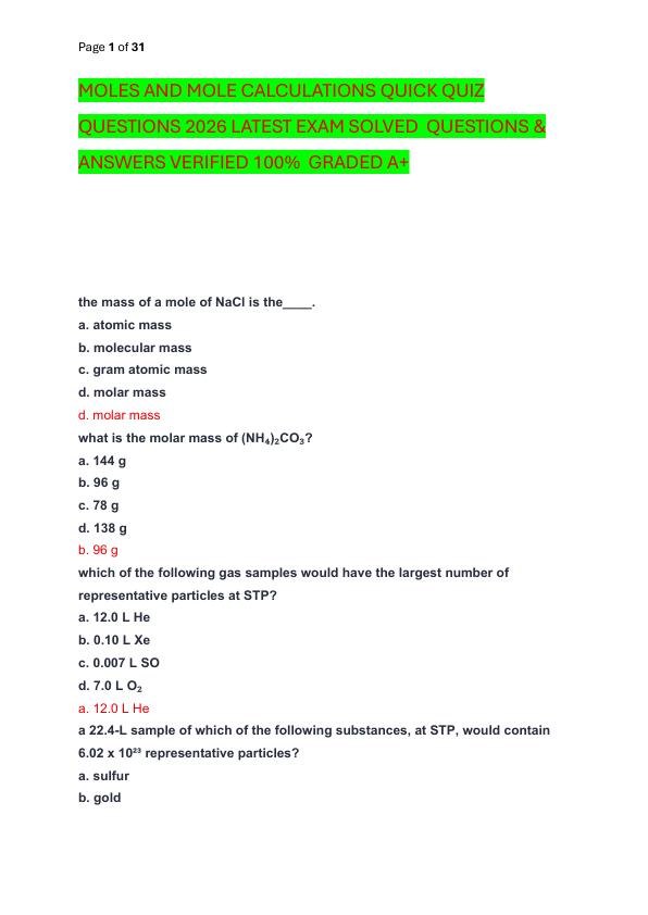 MOLES AND MOLE CALCULATIONS QUICK QUIZ QUESTIONS 2026 LATEST EXAM SOLVED  QUESTIONS & ANSWERS VERIFIED 100%  GRADED A+